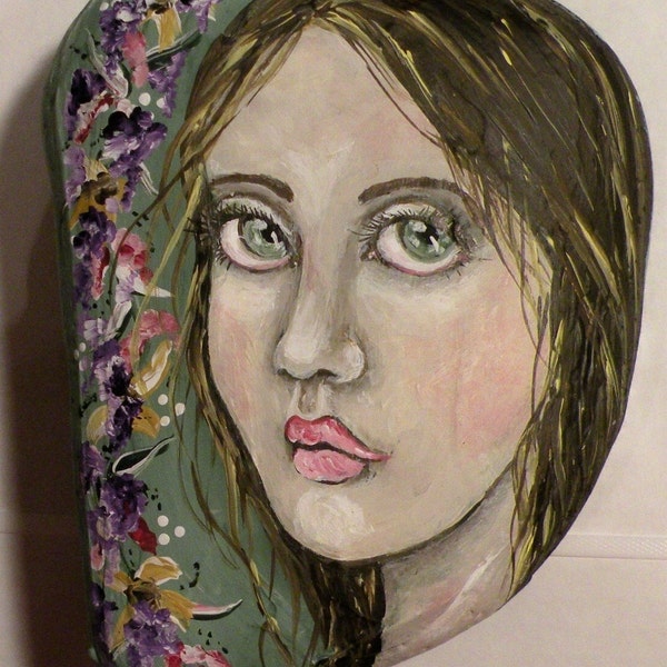 Hand painted Rock Art mixed Media Original Folk Art Painting BRAVE GIRL