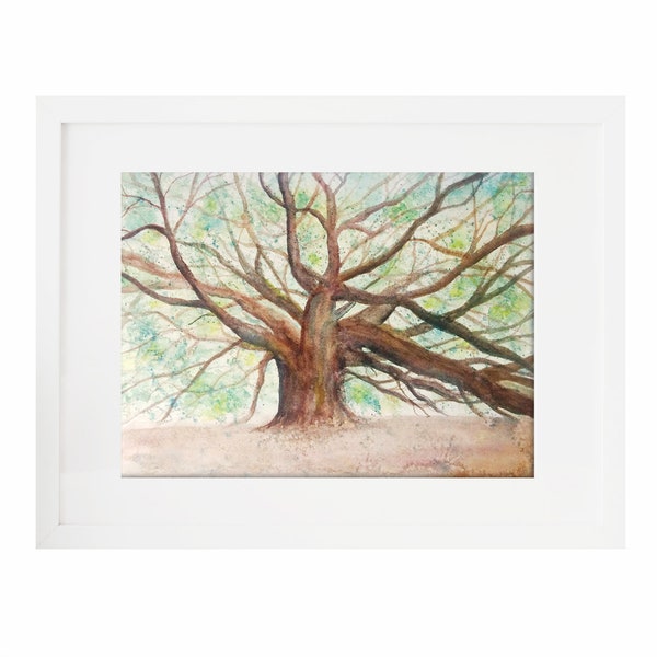 Huge Oak Tree Landscape, Green and Brown Watercolor Painting - Wall Art Decoration Unframed