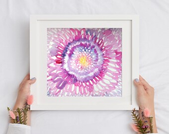 Close-up of Dahlia Flower Printable Wall Art, Watercolor Floral in Purple, Pink, Yellow - Instant Digital Download, Home Decor, Present