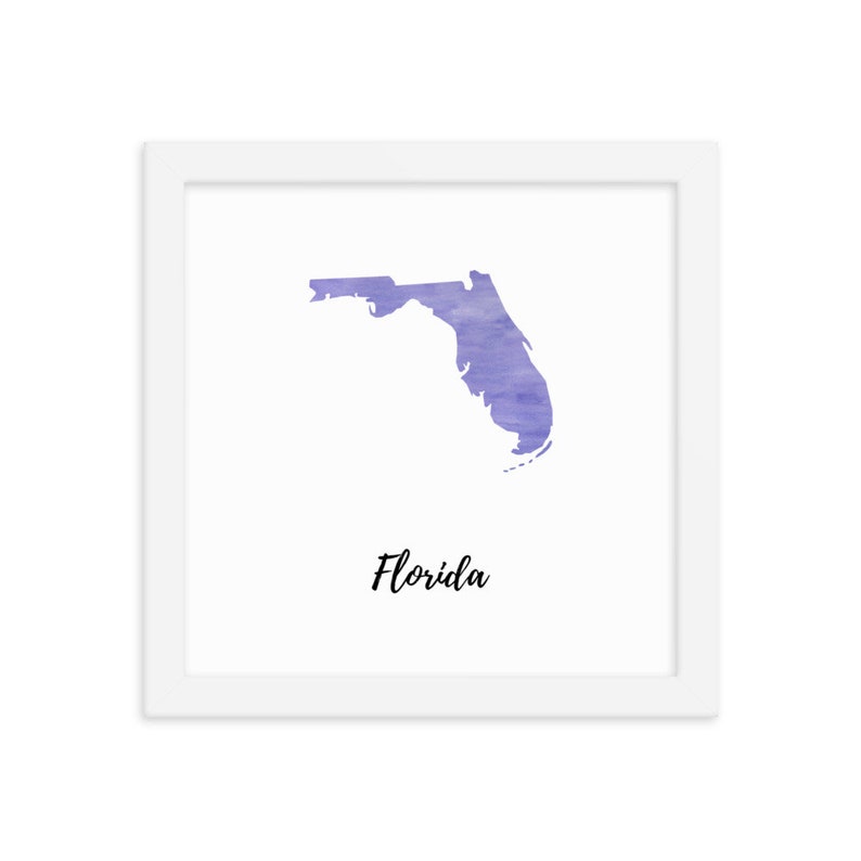 Florida or Any State or Country Map Watercolor Print with Frame, Travel Souvenir, Home Decoration, Vacation Gift image 1