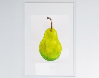 Pear Fruit Painting on Solid White Background Watercolor Artwork - Unframed Wall Art, Farmhouse Style Kitchen Decor Gift