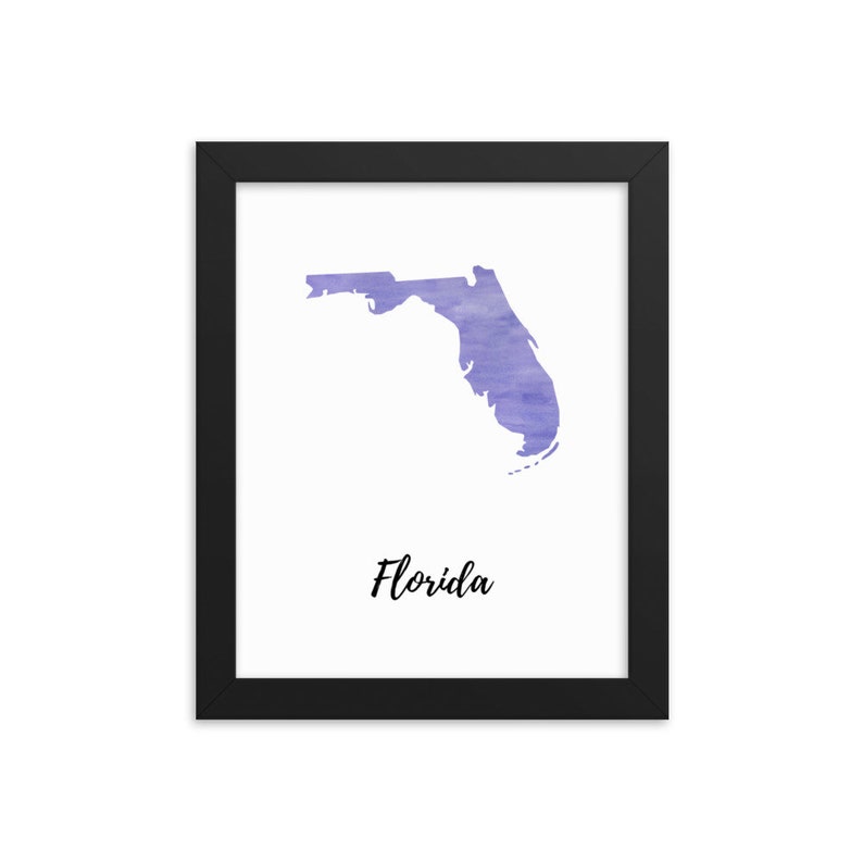 Florida or Any State or Country Map Watercolor Print with Frame, Travel Souvenir, Home Decoration, Vacation Gift image 2