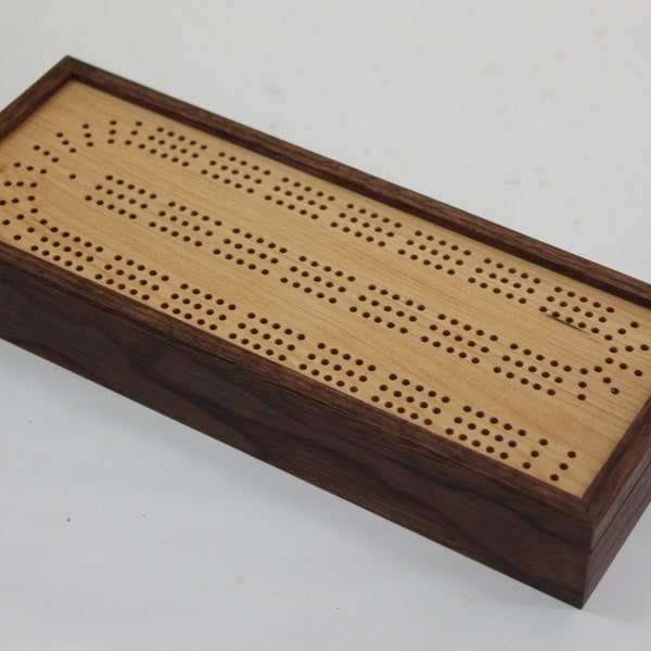 Cribbage Board with Card and Peg Storage made of American Walnut and Maple, custom engraving, artisan made