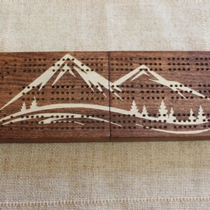 3-Player Folding Travel Cribbage Board With Engraved Mountain Scene, custom engraving, quality artisan made