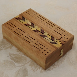 Folding Travel Cribbage Board for three players With herring bone Inlays with tote bag, Custom Engraving, artisan made