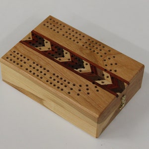 3 Player Folding Travel Cribbage Board With herring bone Inlays with tote bag, quality artisan made, custom engraving