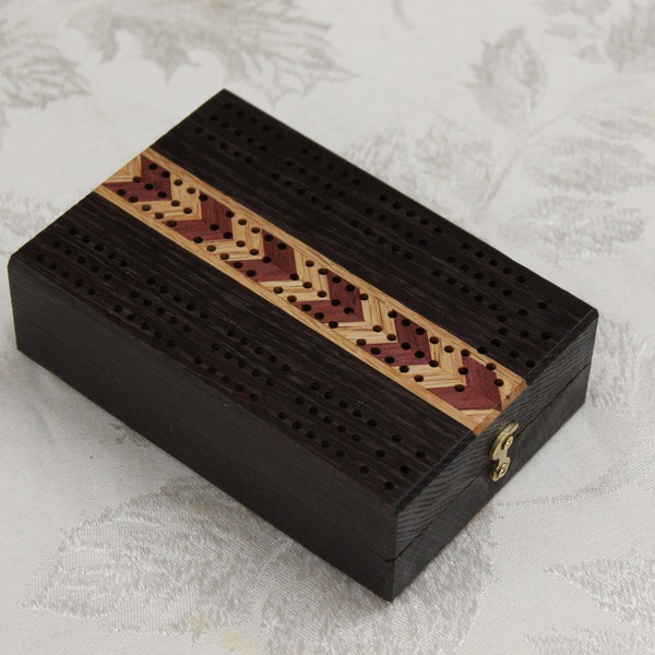 3 Player Folding Travel Cribbage Board With herring bone Inlays and tote bag, custom engraving, artisan made