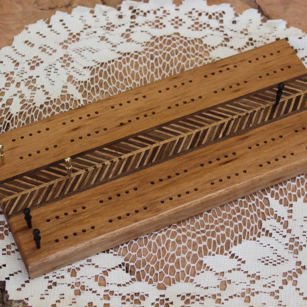 Cribbage Board, Traditional Track, Tigerwood with Herringbone Inlay