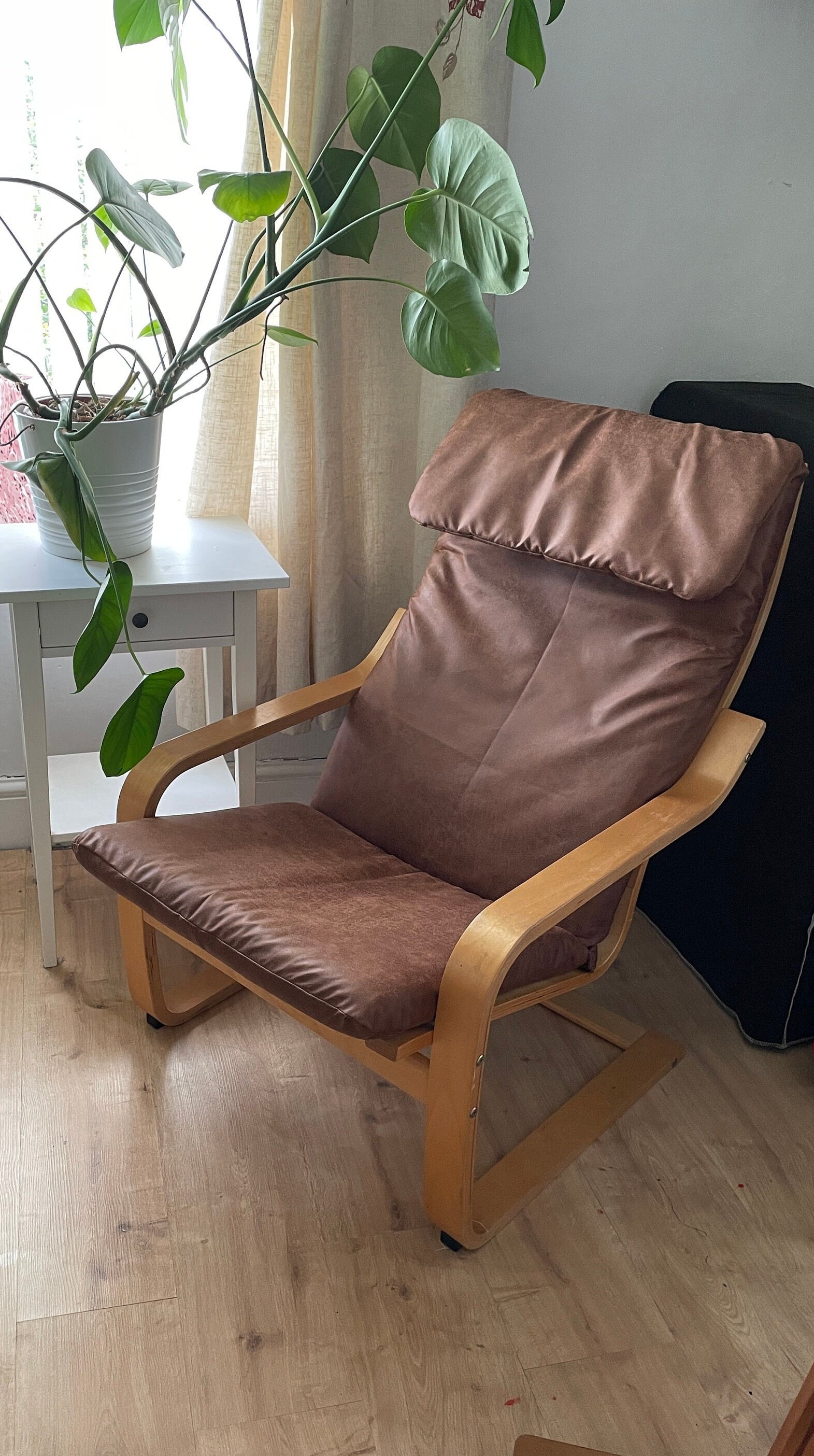 Ikea Poang Armchair, Black Leather Chair Cushion, Black-brown Wood