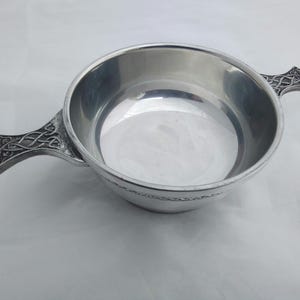 Large Vintage Pewter Quaich with Celtic design