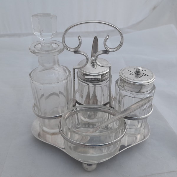 Ensemble de huiliers antiques plaqués argent et verre, 4 pièces, avec support et cuillères