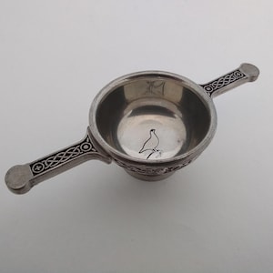 Vintage Pewter Quaich with Celtic design and Grouse detail