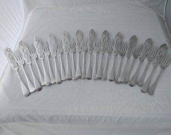 Vintage silver plated 24 decorative old English pattern fish knives and forks set - Walker & Hall