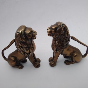 Könnte beinhalten: Zwei bronzefarbene Löwenfiguren. Jeder Löwe sitzt mit detaillierter Mähne und Schwanz. Die Figuren blicken einander an und zeigen ein klassisches Dekorationsdesign. Die Gesamtästhetik ist vintage.