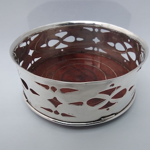 Solid sterling silver wine bottle coaster with turned wooden base - Arts & crafts influenced design, Sheffield 1992