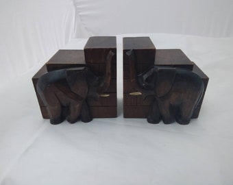 Vintage carved wooden Elephant bookends with glass eyes