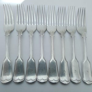 Set of 8 Heavy antique fiddle and thread dinner forks - monogrammed C - F&S