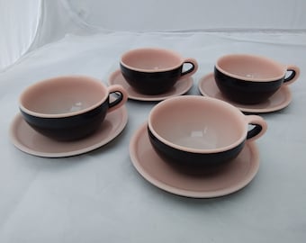 Vintage Retro Set of 4 early pink & black plastic coffee cups and saucers - Grantham Plastics Ltd, British Made