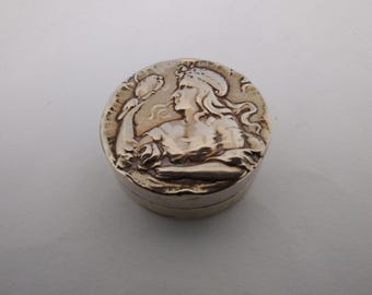 美しいアンティークの EPNS アールヌーボー レディ ミラー付き小物入れ