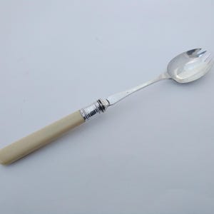 May include: A silver serving spoon with a white plastic handle. The spoon has a small fork on the end.