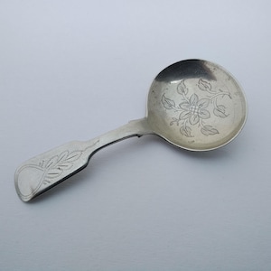 Early decoratively etched nickel tea caddy spoon