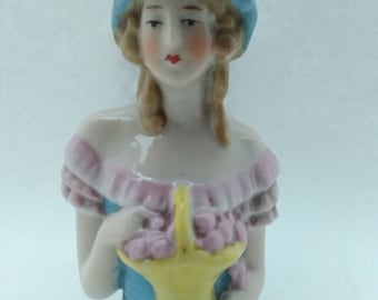 Lovely Large Antique porcelain pin cushion half doll