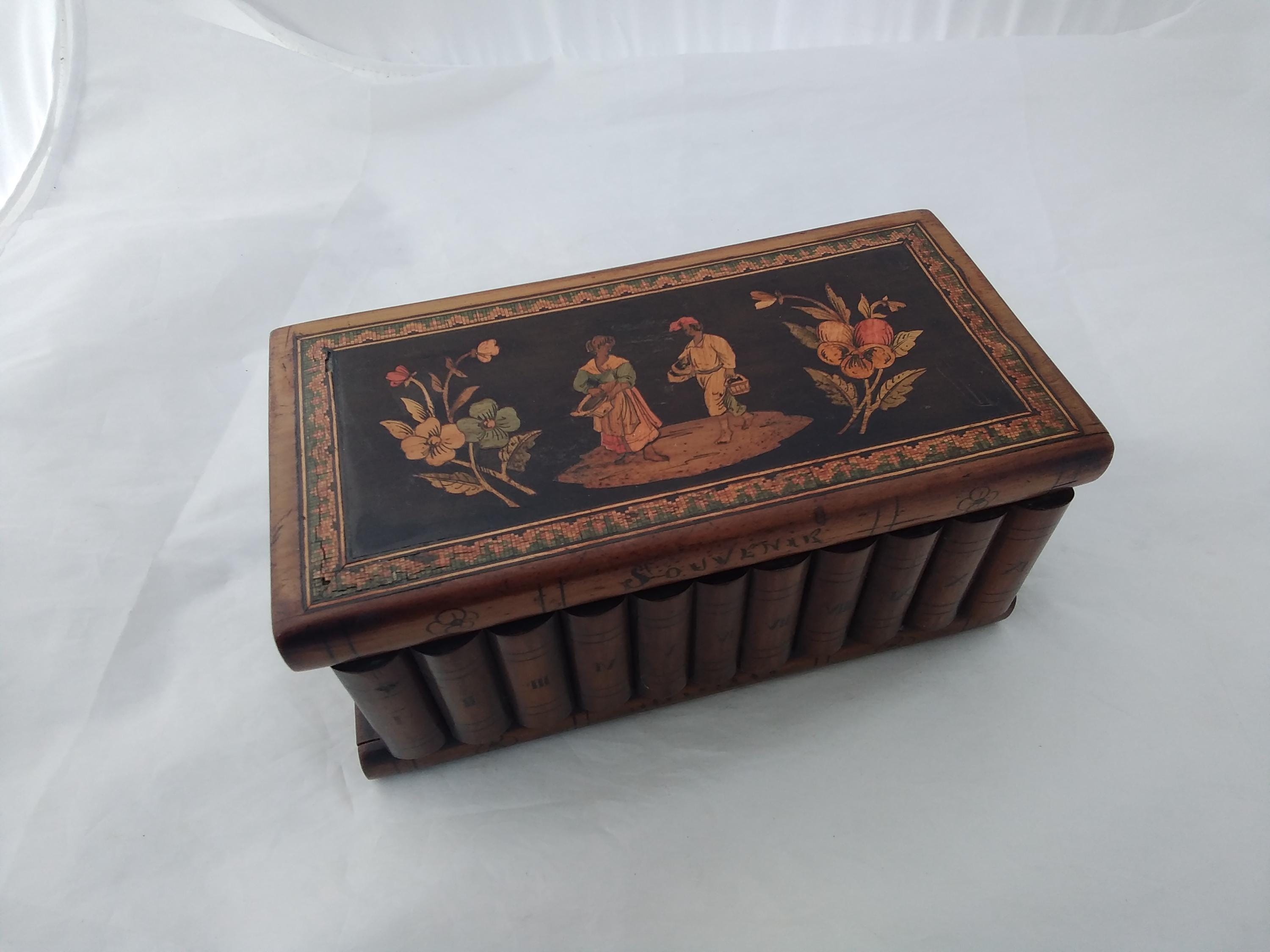 Beautiful Antique Wooden Sorrento Ware Puzzle Box With Colourful