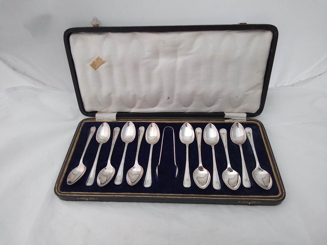 Cased Set of 12 Vintage Silver Plated Teaspoons With Sugar Tongs - EPNS ...