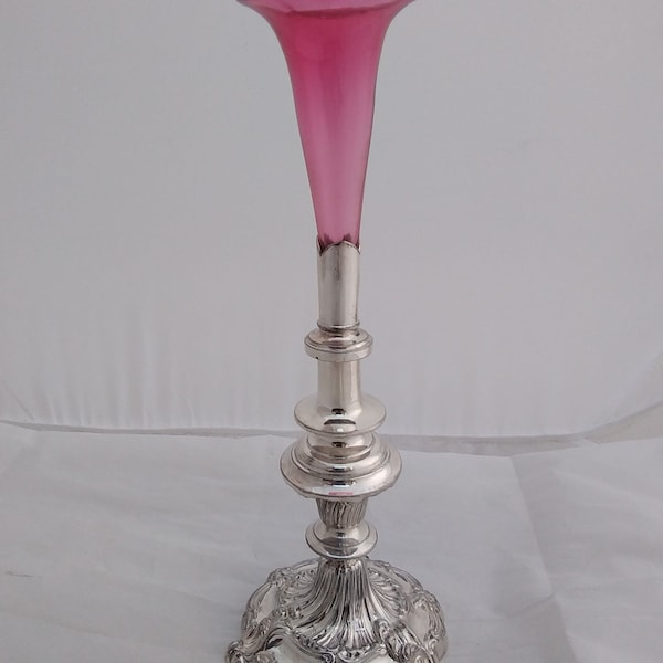 Antique embossed silver plated and cranberry glass vase epergne centerpiece - Walker & Hall