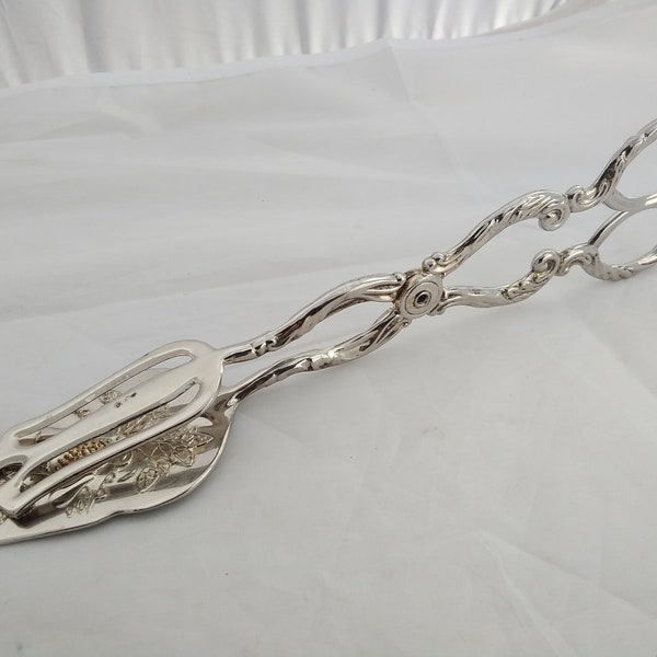 Vintage Silver Plated scissor grip cake serving tongs with embossed design