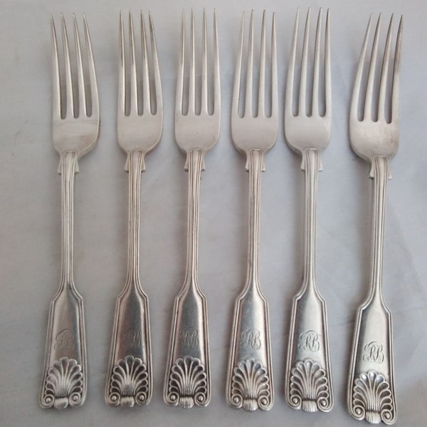 Antique Set of 6 Silver Plated Fiddle, Thread and Shell Pattern Dessert Forks - Mappin & Webb - RB