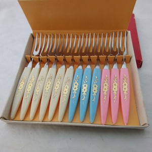 Vintage boxed set of 12 stainless steel & plastic handled little forks - cocktail, olives