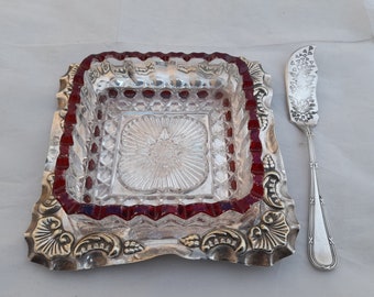 Lovely antique glass butter dish with embossed tray and spreader