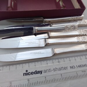 Puede incluir: Juego de seis cuchillos de mantequilla de plata con mangos ornamentados. Los cuchillos est&aacute;n dispuestos sobre una superficie blanca con una regla para la escala. Los cuchillos est&aacute;n marcados con "Super Stainless" y "Coopers Sheffield" en las hojas.
