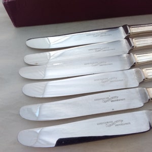 Puede incluir: Cinco cuchillos de mantequilla de plata con mango acanalado y las palabras "Super Stainless Community Sheffield Made" grabadas en la hoja.