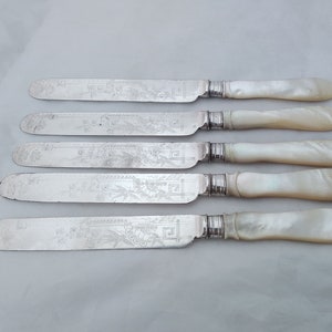 Set of 5 antique silver plated dessert cutlery with carved mother of pearl handles
