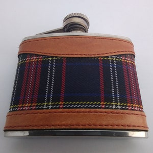 4 oz Tartan fabric with leather and stainless steel hip flask