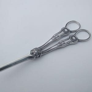 May include: Silver-coloured scissor-like tool with decorative floral and shell patterns. The handles have finger loops, and the tool has a pointed tip. The tool is likely for cutting or trimming. The design is elegant and vintage.