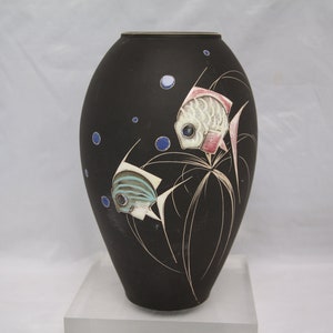 Mid Century Black Engobe Vase: West German Keramik with Fish Decor