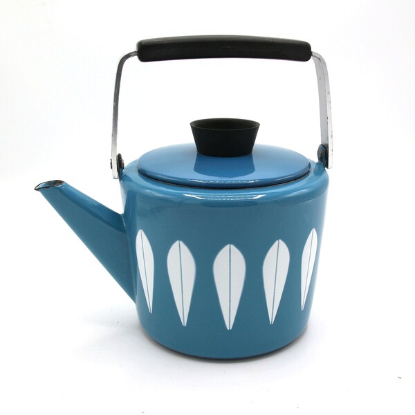 Vintage Cathrineholm Lotus Turquoise Blue Tea Pot - Mid Century Modern Enamelware Kitchen Decor - Scandinavian Norway - Retro kettle