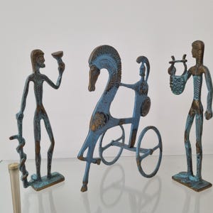 Apollo with Kithara - Etruscan horse and chariot - Asclepios God - Ancient Greek and Etruscan Art Brass patina - patinated