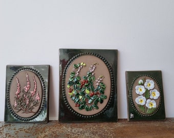 3 Vintage Swedish JIE GANTOFTA Ceramic Wall Plaques Design by: Aimo Nietosvuori - Flowers - cottage Scandinavian