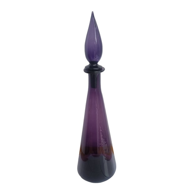 Vintage Empoli Genie Bottle Glass Decanter w/stopper -  Hand blown Amethyst purple glass - Mid Century Italian Italia MCM 17 Inch/44cm