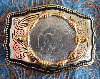 NEW USA AMERICAN ONE DOLLAR COIN LIBERTY BELL BELT BUCKLE SILVER METAL WESTERN
