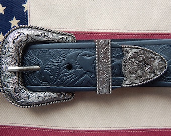 Black Leather Western Belt: Eagle Embossed, Antique Silver Buckle