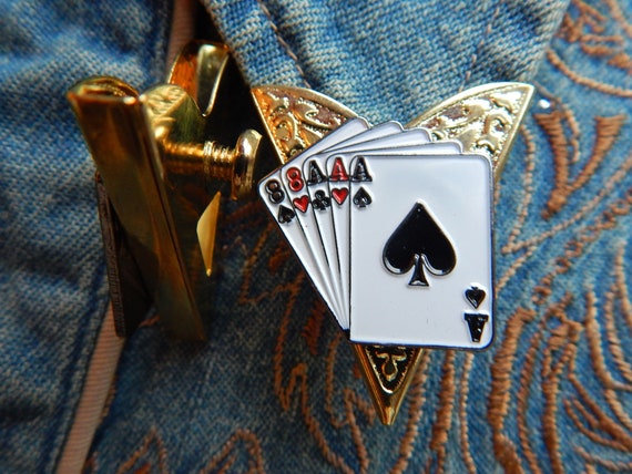 BOLO TIE COLLAR TIPS SET,SILVER METAL,WESTERN NEW ACE OF SPADES FULL HOUSE