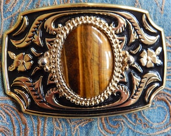 Tigers Eye Belt Buckle: Gold & Black Western Style, Fits 40mm Belt