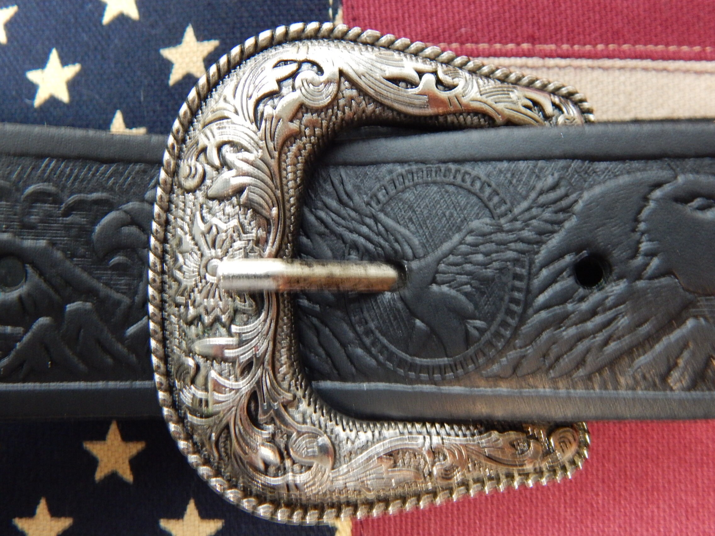 Black Leather Western Belt: Antique Silver Eagle Buckle 