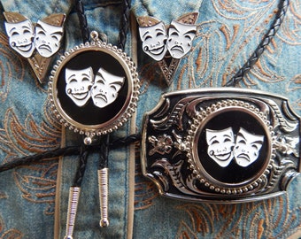 New Unique Comedy and Tragedy Masks Greek Muses Belt Buckle, Bolo Bootlace Tie And Collar Tips Set Silver Coloured Metal