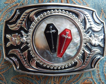New Red & Black Coffins, Mother of Pearl, Belt Buckle Silver Coloured Metal Goth Wedding Funeral